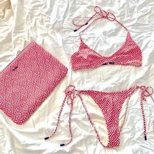 Triangl - triangle bikini, M, red pattern black metal hardware w/ matching bag